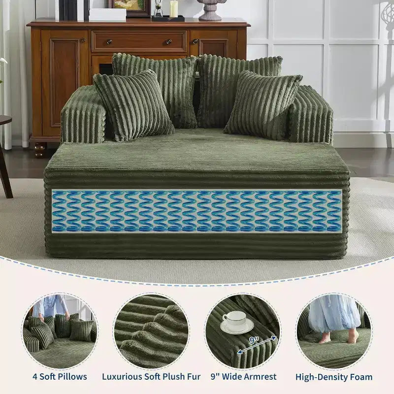 61 Grande méridienne, canapé extra-large en velours côtelé, 4 oreillers et accoudoirs, causeuse douillette pour le salon ou la chambre, noir