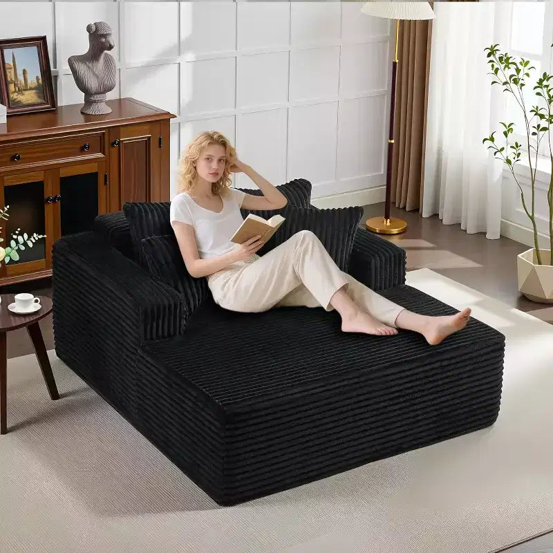 61 Grande méridienne, canapé extra-large en velours côtelé, 4 oreillers et accoudoirs, causeuse douillette pour le salon ou la chambre, noir