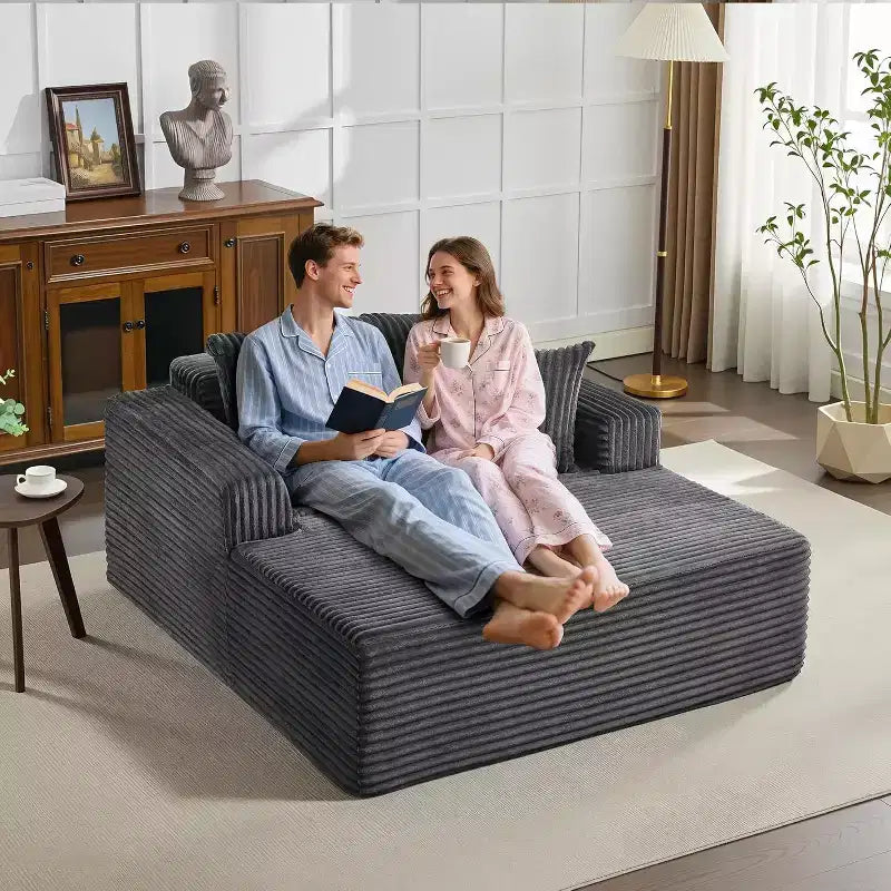 61 Grande méridienne, canapé extra-large en velours côtelé, 4 oreillers et accoudoirs, causeuse douillette pour le salon ou la chambre, noir