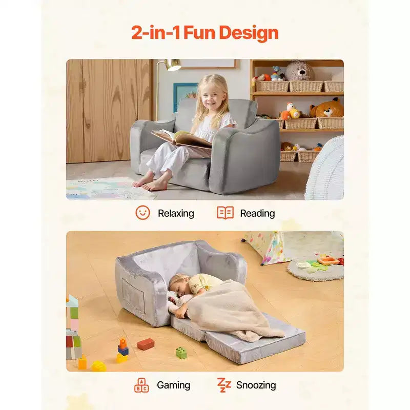 Canapé 2-en-1 pour enfants, canapé souple pliable pour tout-petits avec accoudoirs, en éponge 28D et poil court, chaise convertible pour tout-petits en transat, M, Gris