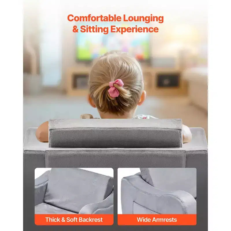 Canapé 2-en-1 pour enfants, canapé souple pliable pour tout-petits avec accoudoirs, en éponge 28D et poil court, chaise convertible pour tout-petits en transat, M, Gris