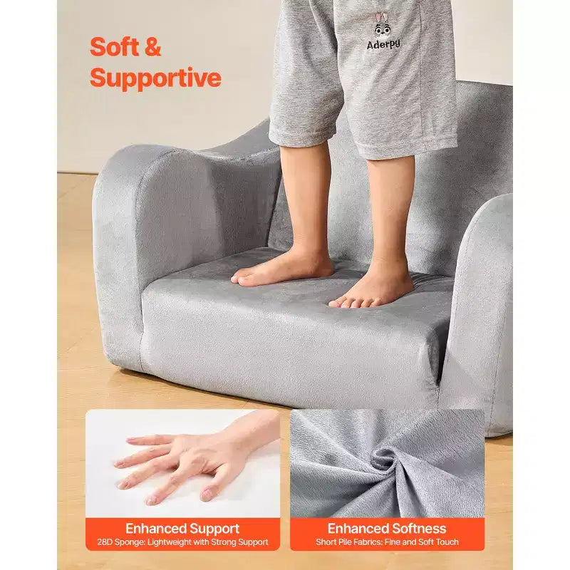 Canapé 2-en-1 pour enfants, canapé souple pliable pour tout-petits avec accoudoirs, en éponge 28D et poil court, chaise convertible pour tout-petits en transat, M, Gris