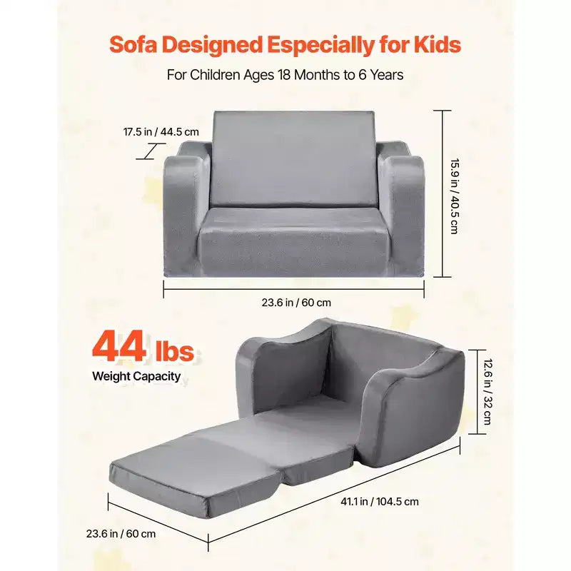 Canapé 2-en-1 pour enfants, canapé souple pliable pour tout-petits avec accoudoirs, en éponge 28D et poil court, chaise convertible pour tout-petits en transat, M, Gris