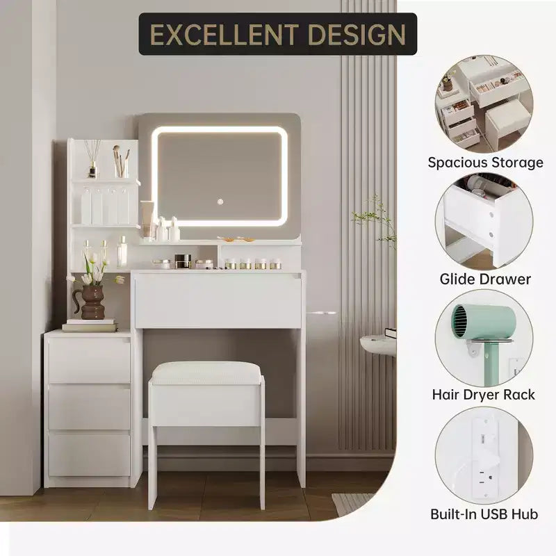 Coiffeuse de 91 cm, coiffeuse moderne pour chambre à coucher, 4 grands tiroirs, 3 modes d'éclairage, étagères de rangement pour chambre à coucher