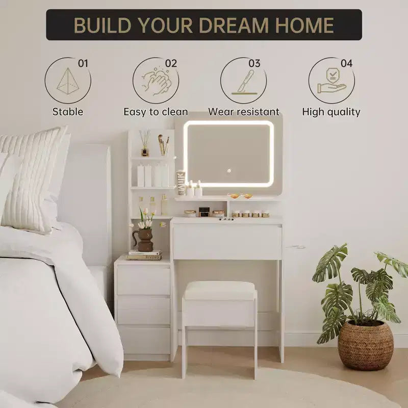 Coiffeuse de 91 cm, coiffeuse moderne pour chambre à coucher, 4 grands tiroirs, 3 modes d'éclairage, étagères de rangement pour chambre à coucher