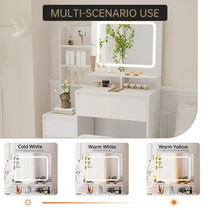Coiffeuse de 91 cm, coiffeuse moderne pour chambre à coucher, 4 grands tiroirs, 3 modes d'éclairage, étagères de rangement pour chambre à coucher