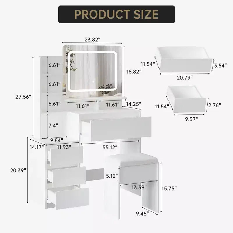Coiffeuse de 91 cm, coiffeuse moderne pour chambre à coucher, 4 grands tiroirs, 3 modes d'éclairage, étagères de rangement pour chambre à coucher