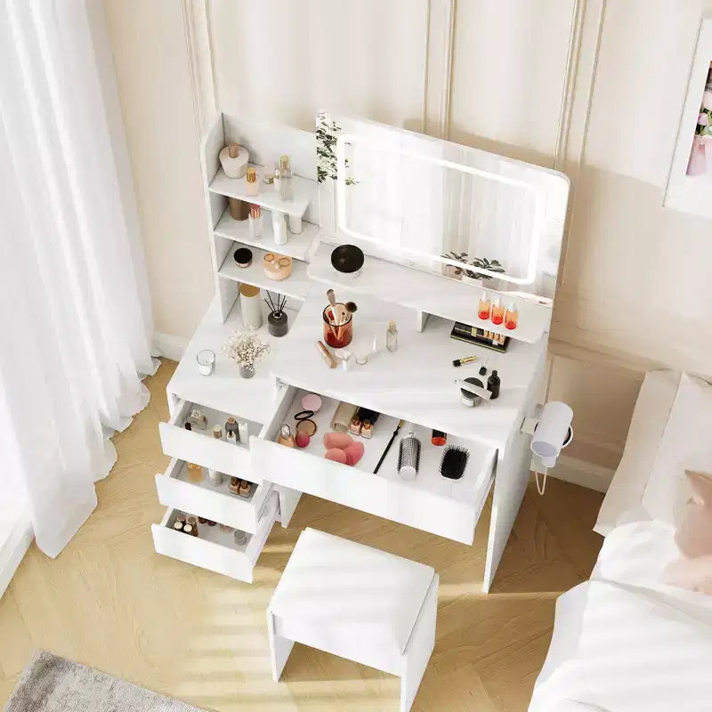Coiffeuse de 91 cm, coiffeuse moderne pour chambre à coucher, 4 grands tiroirs, 3 modes d'éclairage, étagères de rangement pour chambre à coucher