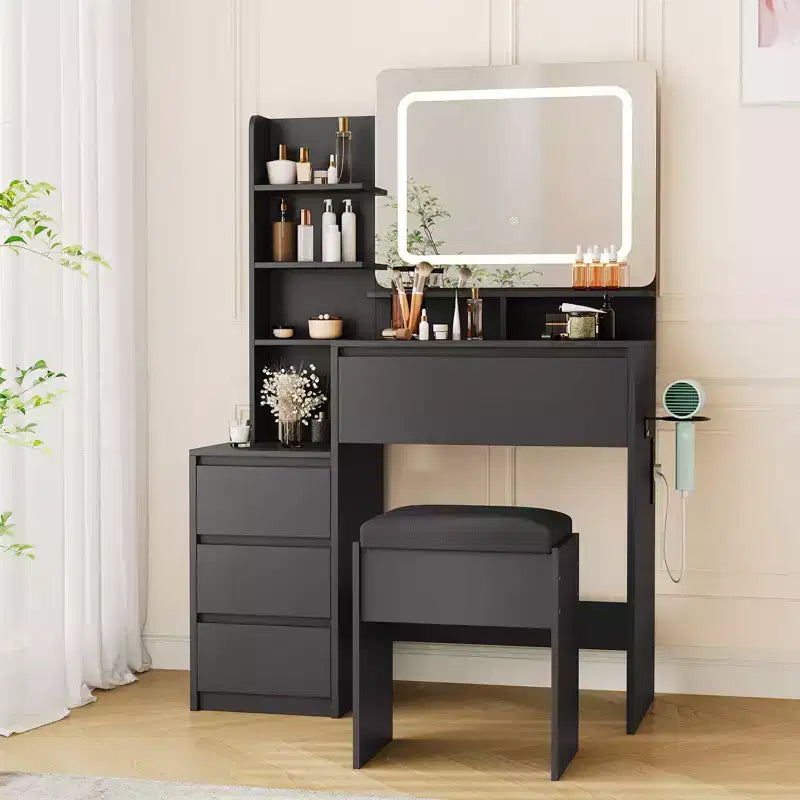 Coiffeuse de 91 cm, coiffeuse moderne pour chambre à coucher, 4 grands tiroirs, 3 modes d'éclairage, étagères de rangement pour chambre à coucher