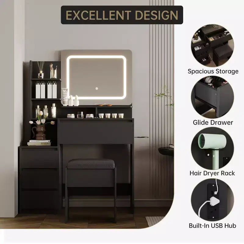 Coiffeuse de 91 cm, coiffeuse moderne pour chambre à coucher, 4 grands tiroirs, 3 modes d'éclairage, étagères de rangement pour chambre à coucher