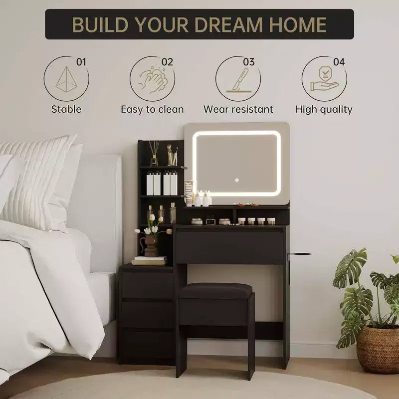 Coiffeuse de 91 cm, coiffeuse moderne pour chambre à coucher, 4 grands tiroirs, 3 modes d'éclairage, étagères de rangement pour chambre à coucher