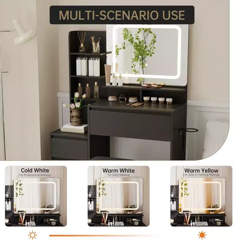 Coiffeuse de 91 cm, coiffeuse moderne pour chambre à coucher, 4 grands tiroirs, 3 modes d'éclairage, étagères de rangement pour chambre à coucher
