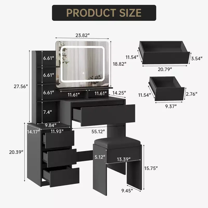 Coiffeuse de 91 cm, coiffeuse moderne pour chambre à coucher, 4 grands tiroirs, 3 modes d'éclairage, étagères de rangement pour chambre à coucher