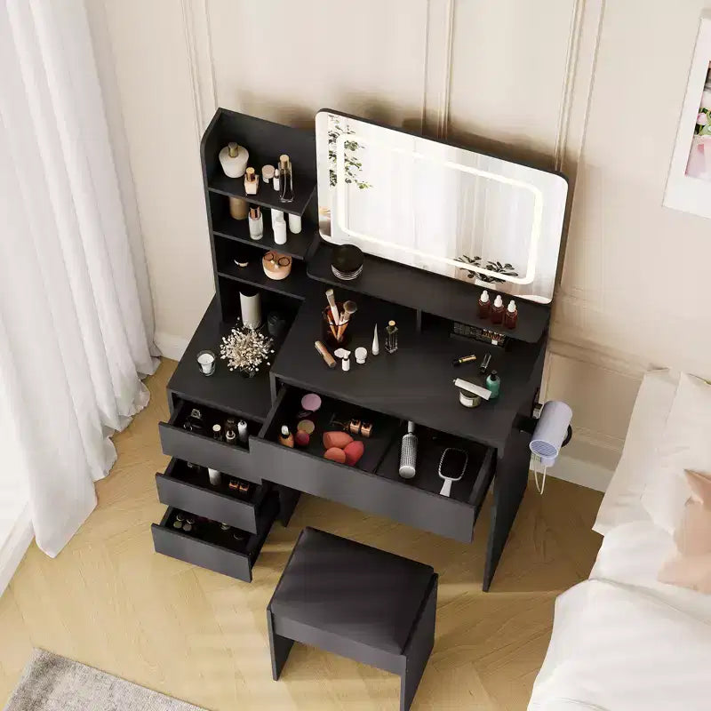 Coiffeuse de 91 cm, coiffeuse moderne pour chambre à coucher, 4 grands tiroirs, 3 modes d'éclairage, étagères de rangement pour chambre à coucher