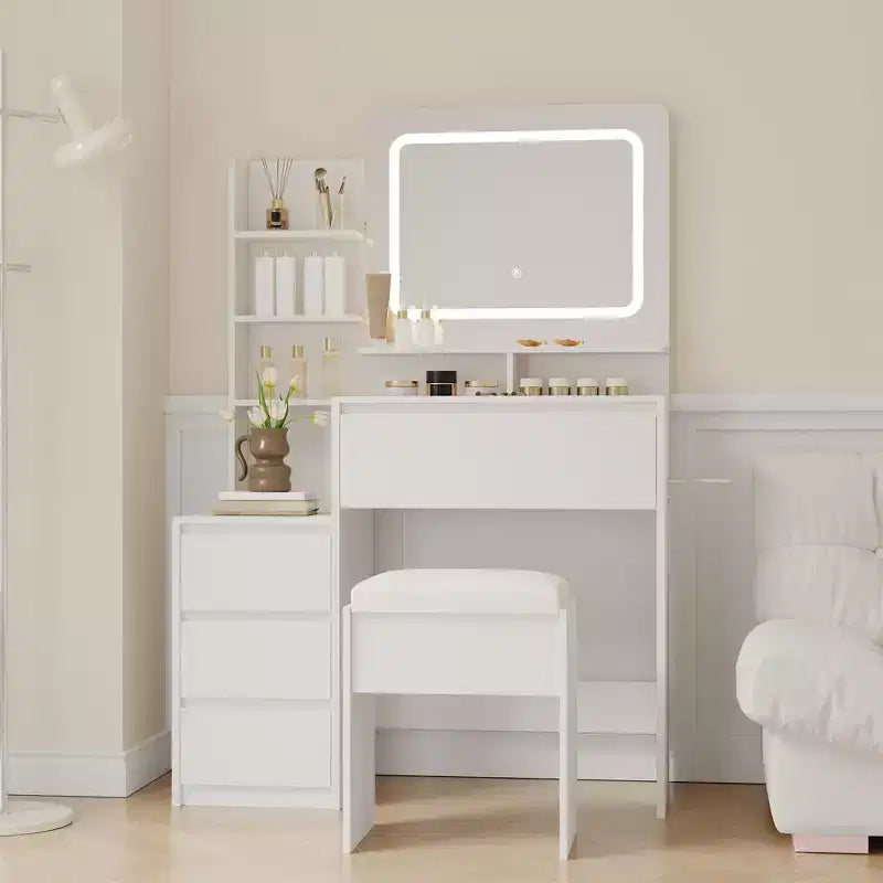 Coiffeuse de 91 cm, coiffeuse moderne pour chambre à coucher, 4 grands tiroirs, 3 modes d'éclairage, étagères de rangement pour chambre à coucher
