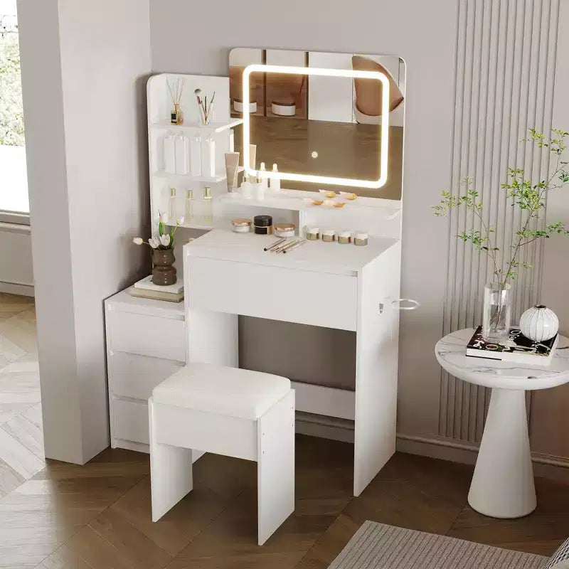 Coiffeuse de 91 cm, coiffeuse moderne pour chambre à coucher, 4 grands tiroirs, 3 modes d'éclairage, étagères de rangement pour chambre à coucher