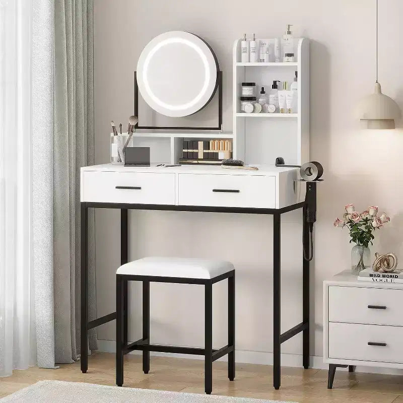 Coiffeuse réglable avec miroir rotatif et étagères de rangement, 2 tiroirs et tabouret, pour chambre, dressing