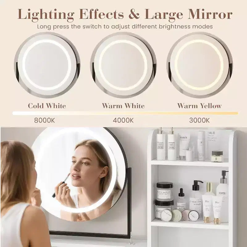 Coiffeuse réglable avec miroir rotatif et étagères de rangement, 2 tiroirs et tabouret, pour chambre, dressing