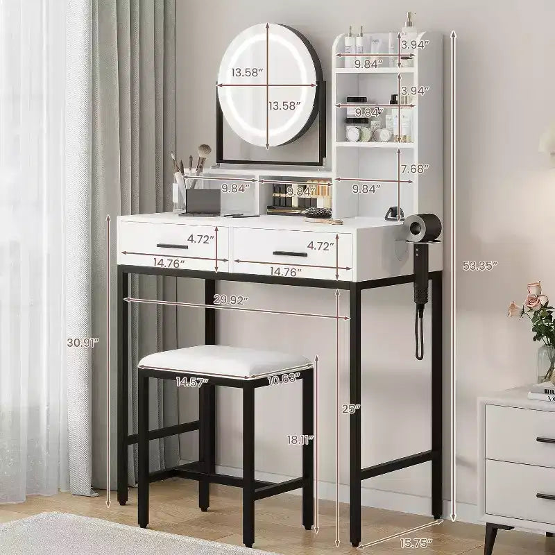 Coiffeuse réglable avec miroir rotatif et étagères de rangement, 2 tiroirs et tabouret, pour chambre, dressing