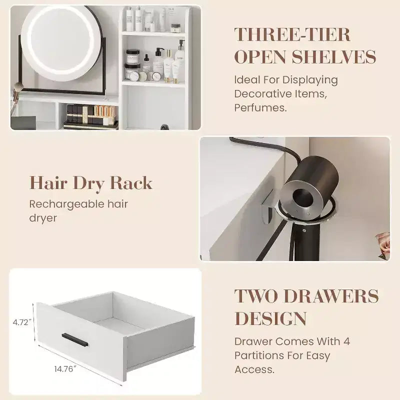 Coiffeuse réglable avec miroir rotatif et étagères de rangement, 2 tiroirs et tabouret, pour chambre, dressing