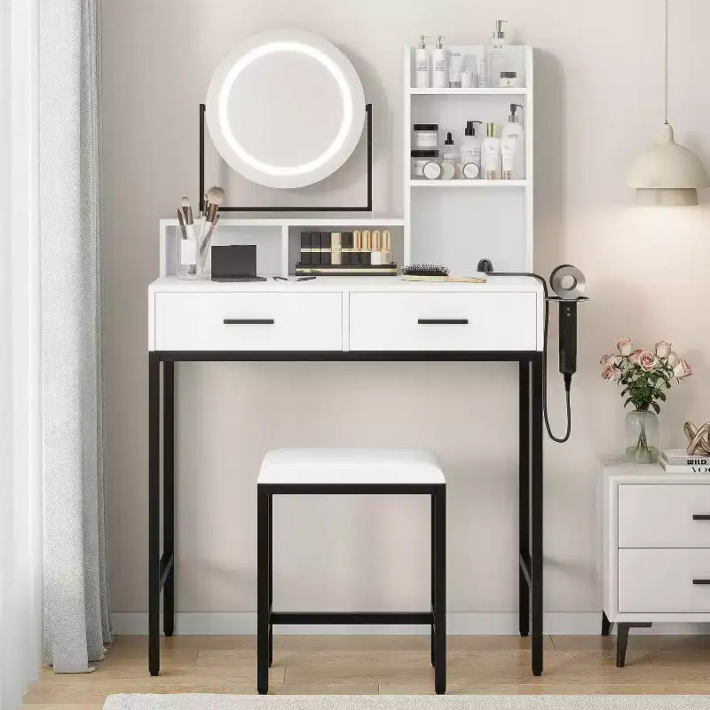Coiffeuse réglable avec miroir rotatif et étagères de rangement, 2 tiroirs et tabouret, pour chambre, dressing
