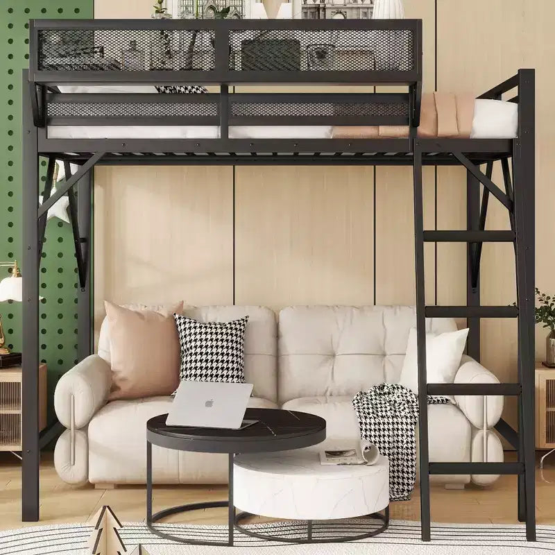 Lit mezzanine Queen Size avec échelle Lit mezzanine Queen en métal avec étagères de rangement Lit mezzanine haut pour enfants et adolescents Noir