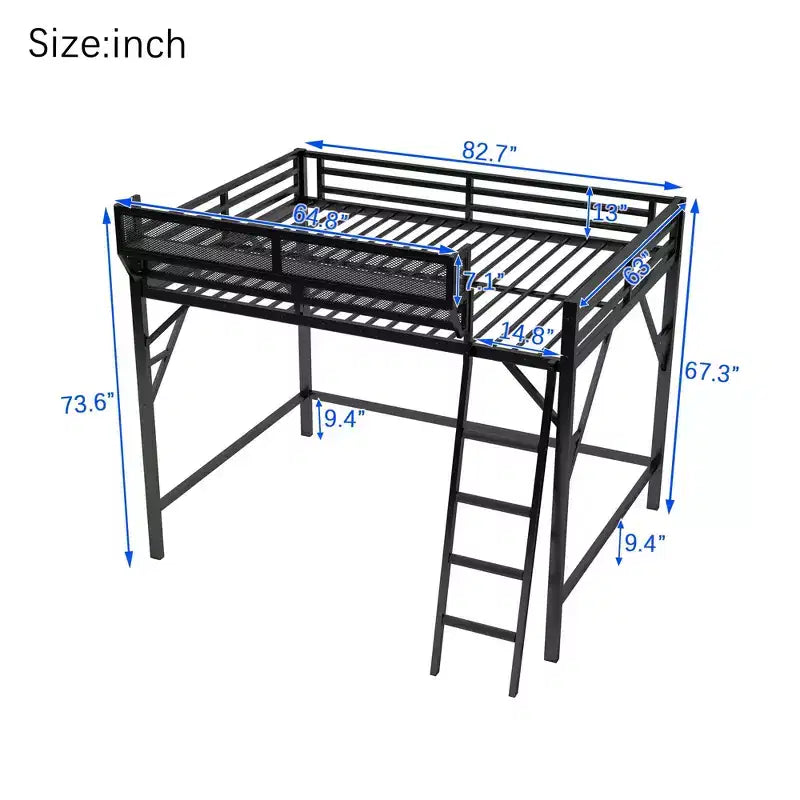 Lit mezzanine Queen Size avec échelle Lit mezzanine Queen en métal avec étagères de rangement Lit mezzanine haut pour enfants et adolescents Noir