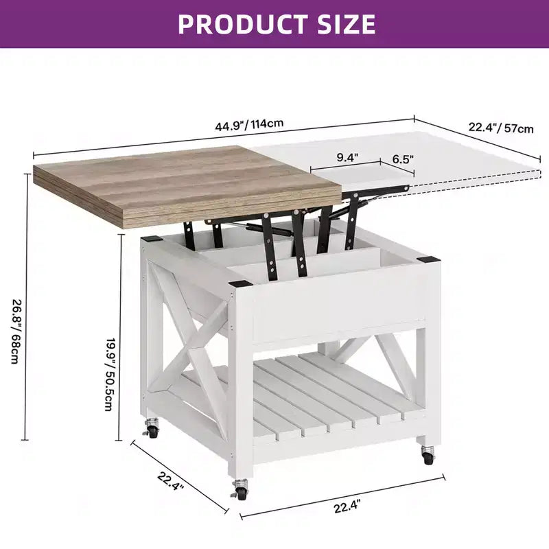 Table basse carrée à plateau relevable 3-en-1 avec tabourets à roulettes, table à manger multifonction à 2 niveaux avec rangements ouverts et dissimulés, pour salon et salle à manger