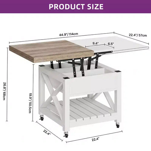 Table basse carrée à plateau relevable 3-en-1 avec tabourets à roulettes, table à manger multifonction à 2 niveaux avec rangements ouverts et dissimulés, pour salon et salle à manger