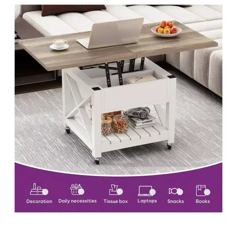 Table basse carrée à plateau relevable 3-en-1 avec tabourets à roulettes, table à manger multifonction à 2 niveaux avec rangements ouverts et dissimulés, pour salon et salle à manger