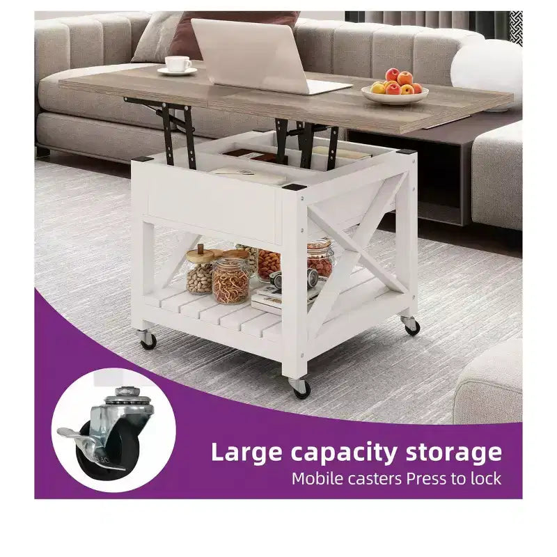 Table basse carrée à plateau relevable 3-en-1 avec tabourets à roulettes, table à manger multifonction à 2 niveaux avec rangements ouverts et dissimulés, pour salon et salle à manger