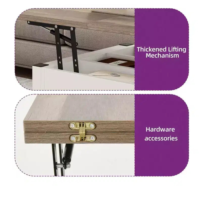 Table basse carrée à plateau relevable 3-en-1 avec tabourets à roulettes, table à manger multifonction à 2 niveaux avec rangements ouverts et dissimulés, pour salon et salle à manger