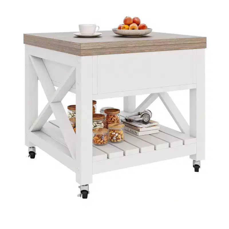 Table basse carrée à plateau relevable 3-en-1 avec tabourets à roulettes, table à manger multifonction à 2 niveaux avec rangements ouverts et dissimulés, pour salon et salle à manger