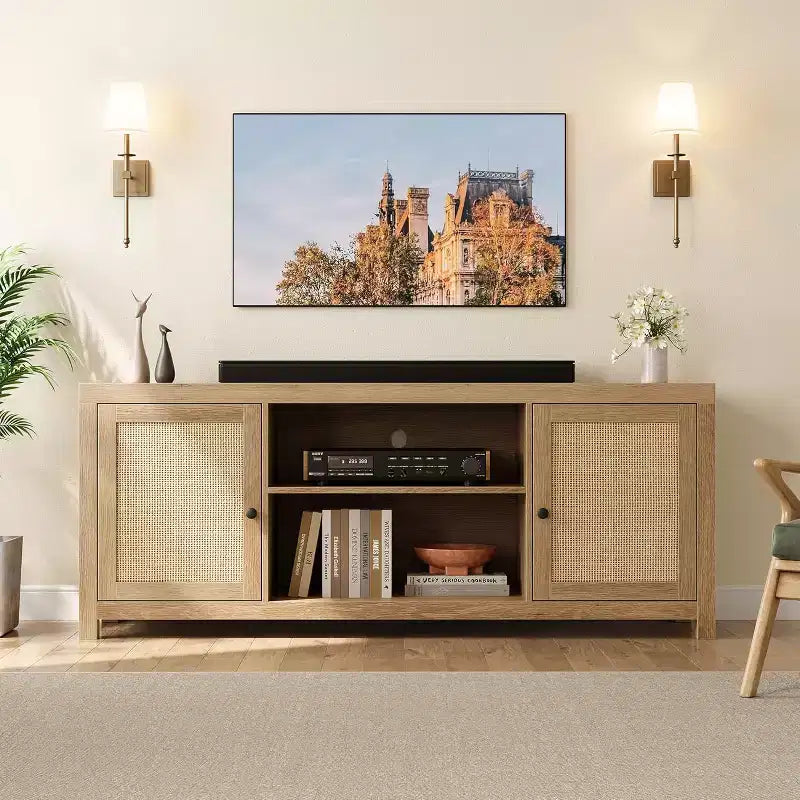 Meuble TV en rotin, meuble TV style bohème avec 2 niveaux de rangement, meuble TV et console média en bois pour salon