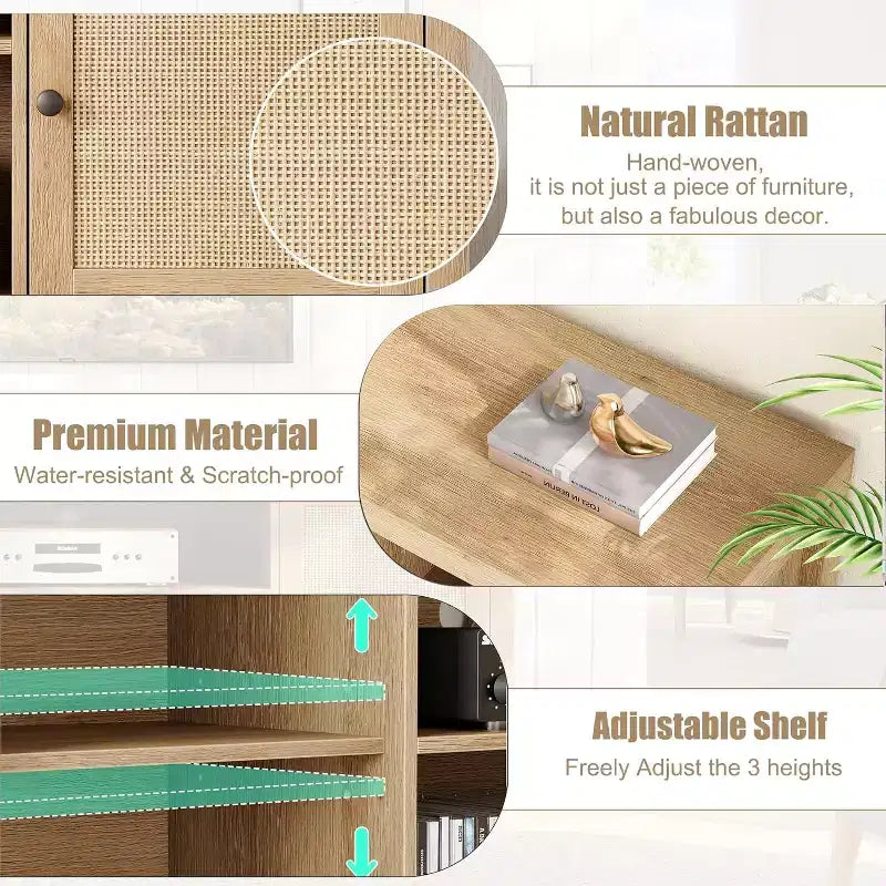 Meuble TV en rotin, meuble TV style bohème avec 2 niveaux de rangement, meuble TV et console média en bois pour salon