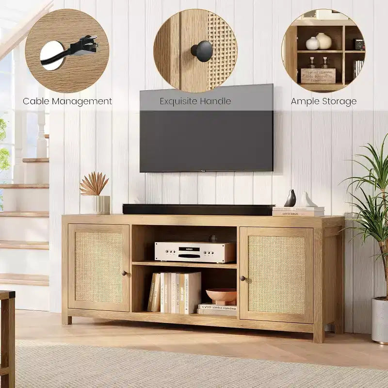 Meuble TV en rotin, meuble TV style bohème avec 2 niveaux de rangement, meuble TV et console média en bois pour salon