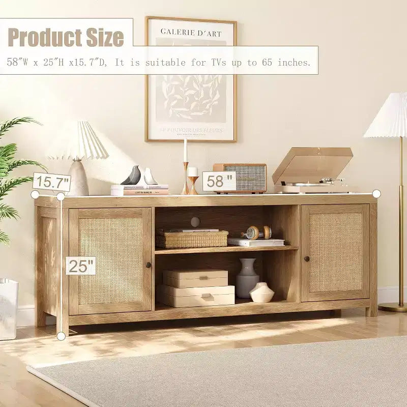 Meuble TV en rotin, meuble TV style bohème avec 2 niveaux de rangement, meuble TV et console média en bois pour salon