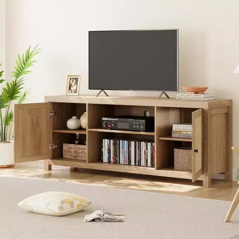 Meuble TV en rotin, meuble TV style bohème avec 2 niveaux de rangement, meuble TV et console média en bois pour salon