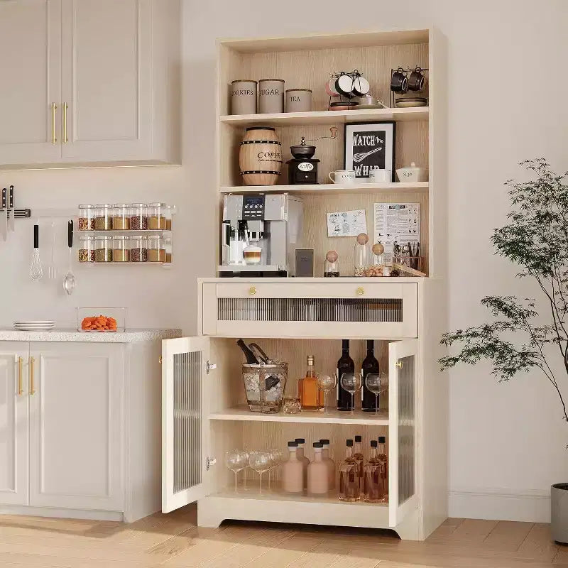 Meuble de rangement de cuisine avec portes vitrées, étagère ouverte à 3 niveaux et tiroir, étagères réglables, table de bar à café pour cuisine et salle à manger, blanc