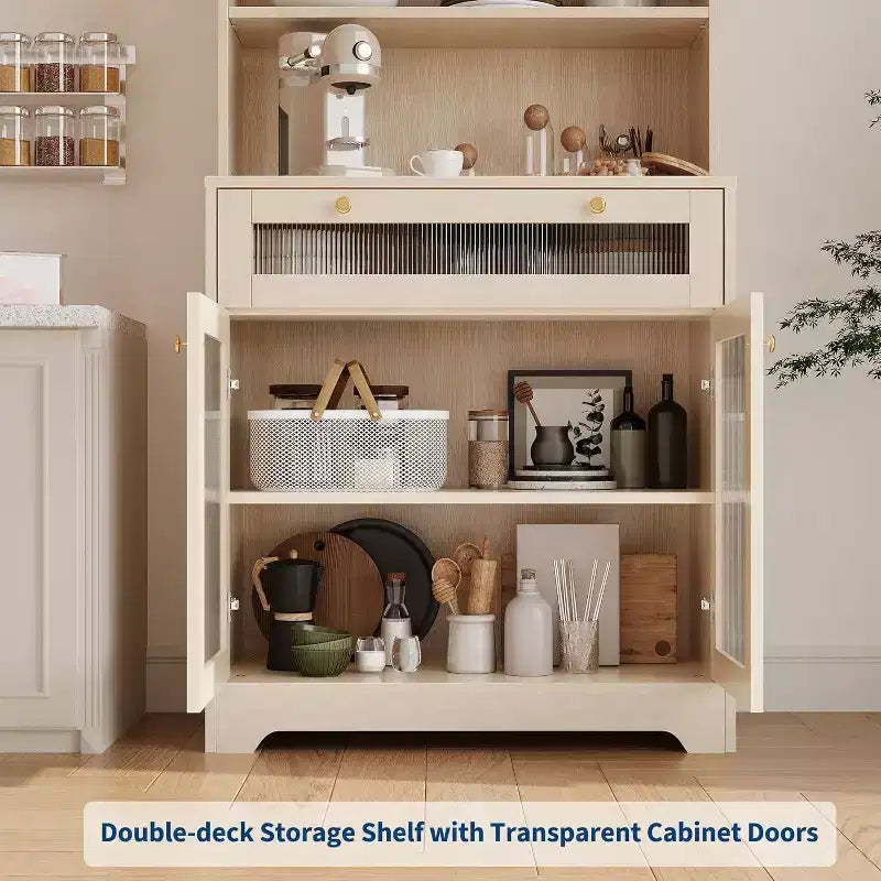 Meuble de rangement de cuisine avec portes vitrées, étagère ouverte à 3 niveaux et tiroir, étagères réglables, table de bar à café pour cuisine et salle à manger, blanc
