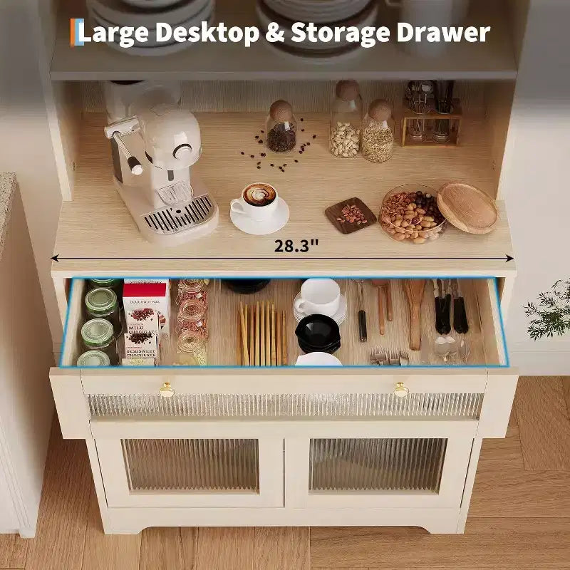 Meuble de rangement de cuisine avec portes vitrées, étagère ouverte à 3 niveaux et tiroir, étagères réglables, table de bar à café pour cuisine et salle à manger, blanc