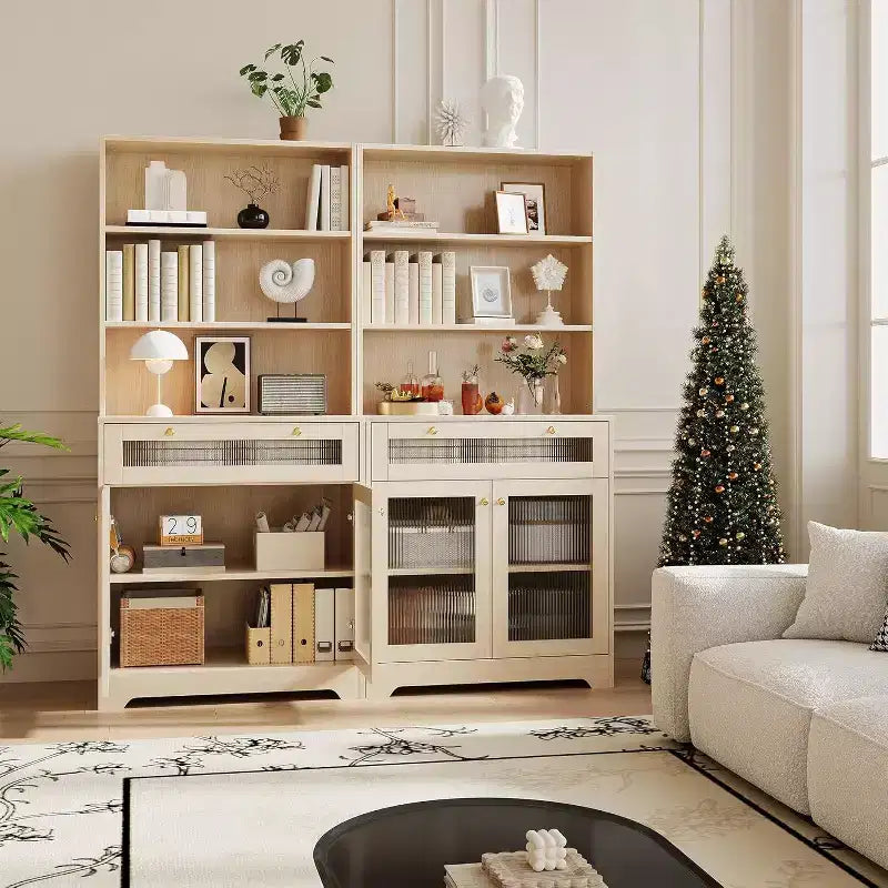 Meuble de rangement de cuisine avec portes vitrées, étagère ouverte à 3 niveaux et tiroir, étagères réglables, table de bar à café pour cuisine et salle à manger, blanc