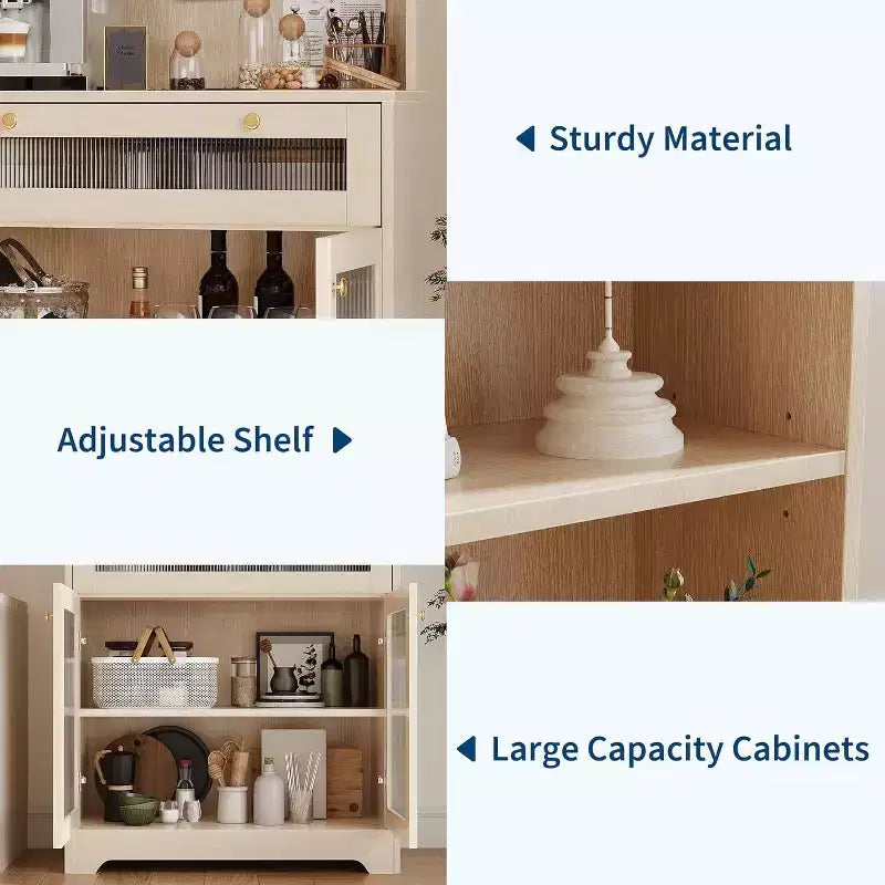 Meuble de rangement de cuisine avec portes vitrées, étagère ouverte à 3 niveaux et tiroir, étagères réglables, table de bar à café pour cuisine et salle à manger, blanc