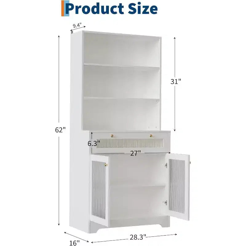 Meuble de rangement de cuisine avec portes vitrées, étagère ouverte à 3 niveaux et tiroir, étagères réglables, table de bar à café pour cuisine et salle à manger, blanc