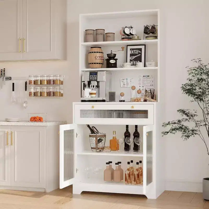 Meuble de rangement de cuisine avec portes vitrées, étagère ouverte à 3 niveaux et tiroir, étagères réglables, table de bar à café pour cuisine et salle à manger, blanc