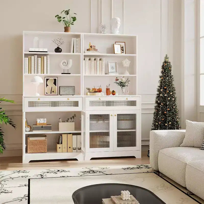 Meuble de rangement de cuisine avec portes vitrées, étagère ouverte à 3 niveaux et tiroir, étagères réglables, table de bar à café pour cuisine et salle à manger, blanc