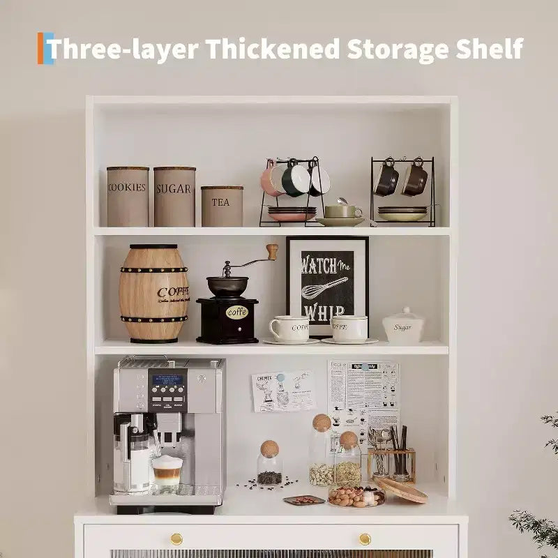 Meuble de rangement de cuisine avec portes vitrées, étagère ouverte à 3 niveaux et tiroir, étagères réglables, table de bar à café pour cuisine et salle à manger, blanc