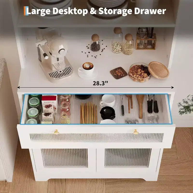 Meuble de rangement de cuisine avec portes vitrées, étagère ouverte à 3 niveaux et tiroir, étagères réglables, table de bar à café pour cuisine et salle à manger, blanc