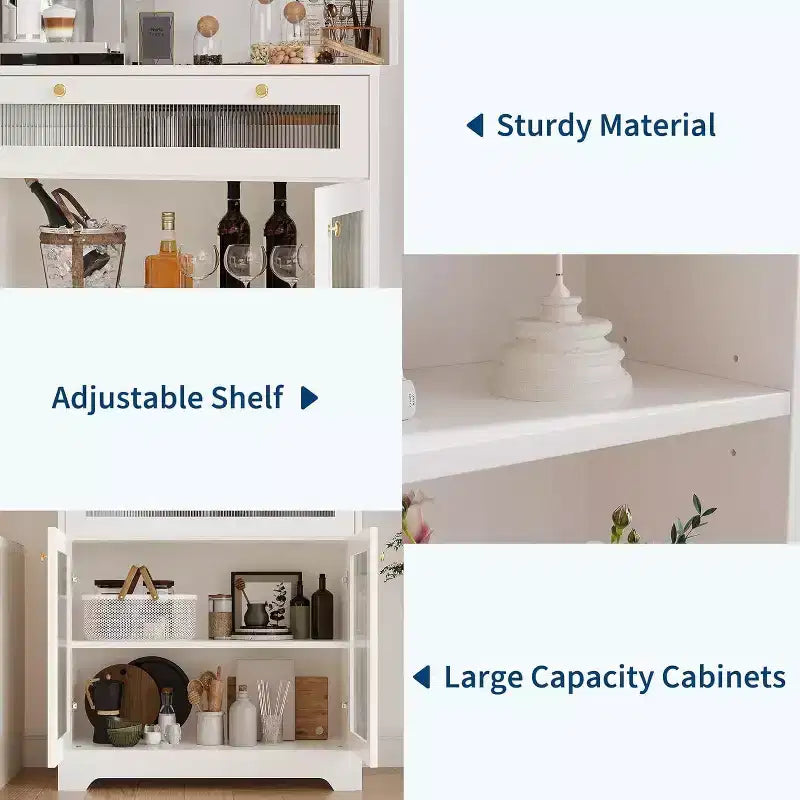 Meuble de rangement de cuisine avec portes vitrées, étagère ouverte à 3 niveaux et tiroir, étagères réglables, table de bar à café pour cuisine et salle à manger, blanc