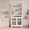 Acekool Kitchen Pantry Cabinet with Glass Doors, 3-Tier Open Shelf & Drawer, Adjustable Shelves, Coffee Bar Table for Kitchen & Dining Room, White